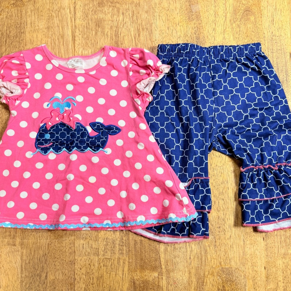 Pink Polka Dot Whale Applique Ruffle Capri Outfit Set Girls Size Small S